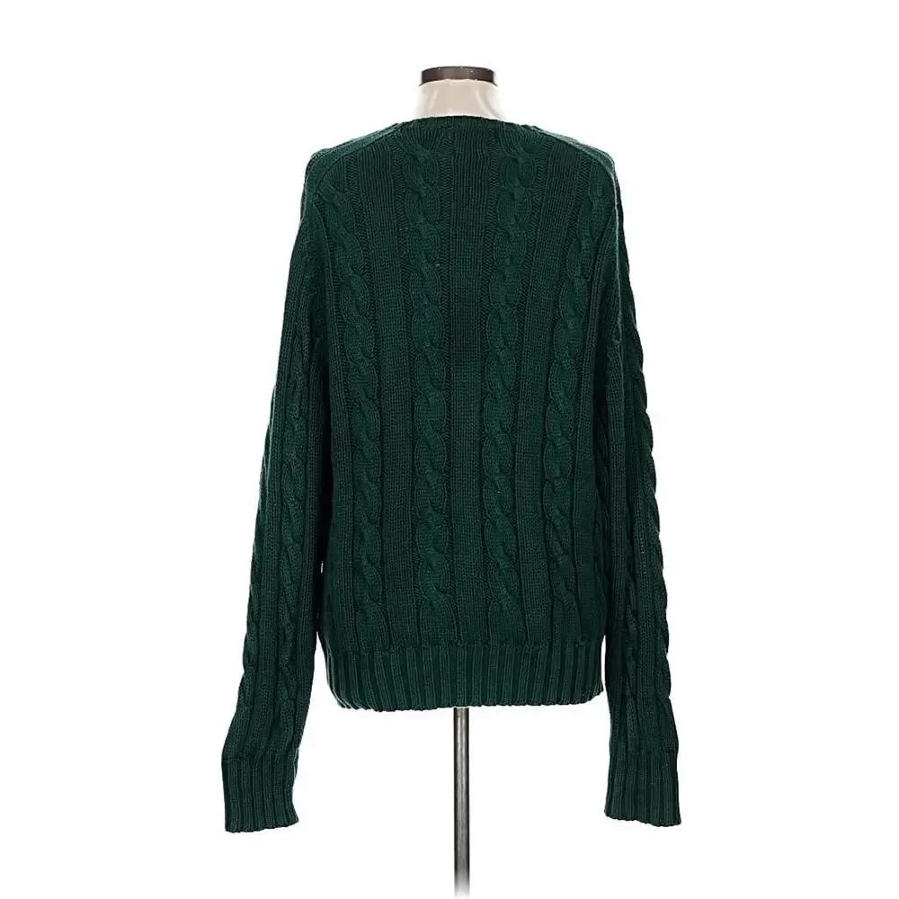 VTG Ralph Lauren Green Cableknit Cotton Chunky Sweater L